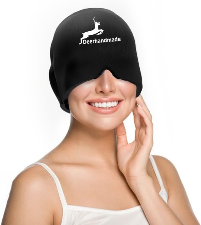 Migraine Relief Cap, One Size Fits All Hot/Cold Gel Head Wrap, Migraine Cooling Eye Mask, Strong Elastic Comfort Fit, Reusable Durable for Stress & Headache Relief, FSA|HSA Eligible, Gift Box (Black)