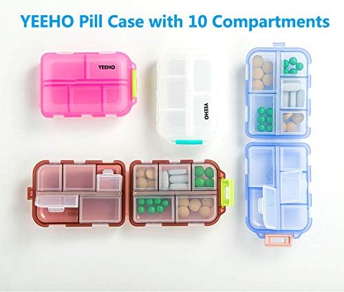 Pill Case - Portable Supplements Tablet Container Box with 10 Compartments - Medicine Capsule Vitamin Foldable Organizer Dispenser Holder Storage for Travel Trip Pocket Purse - Clear White
