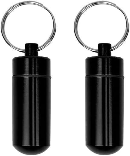 AKOAK 2 Pcs Colorful Round Aluminum Alloy Pill Bottle, Emergency Jar, Waterproof Outdoor Travel Portable Pill Bottle Key Chain (Balck)