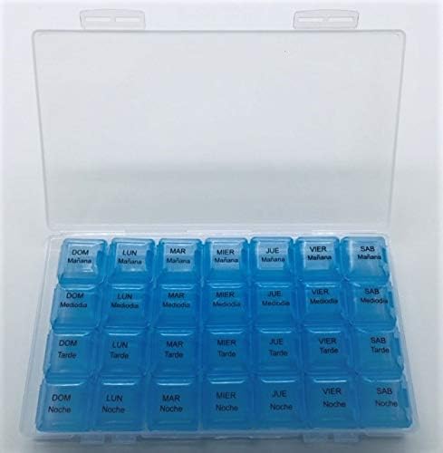 Spanish 7 Day Four Times a Day Weekly Pill Planner Organizer - Large Compartment Pill Boxes Store medications for Entire Week. Cuatro veces al día Durante UNA semana.