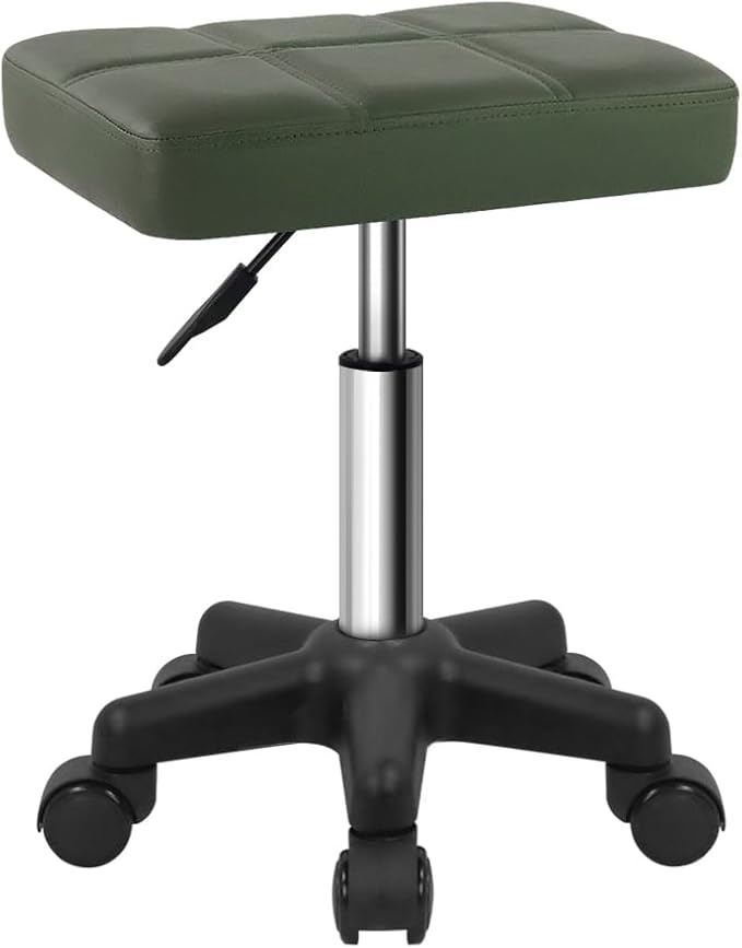 FURWOO Rectangle Rolling Stool with Wheels Height Adjustable Swivel Stool Chair for Spa Salon Massage Green
