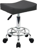 Square Rolling Stool with Footrest PU Leather Height Adjustable 360° Swivel Stool with Wheels Massage SPA Salon Stools Task Chair Desk Drafting Bedroom Vanity Stool (Grey)