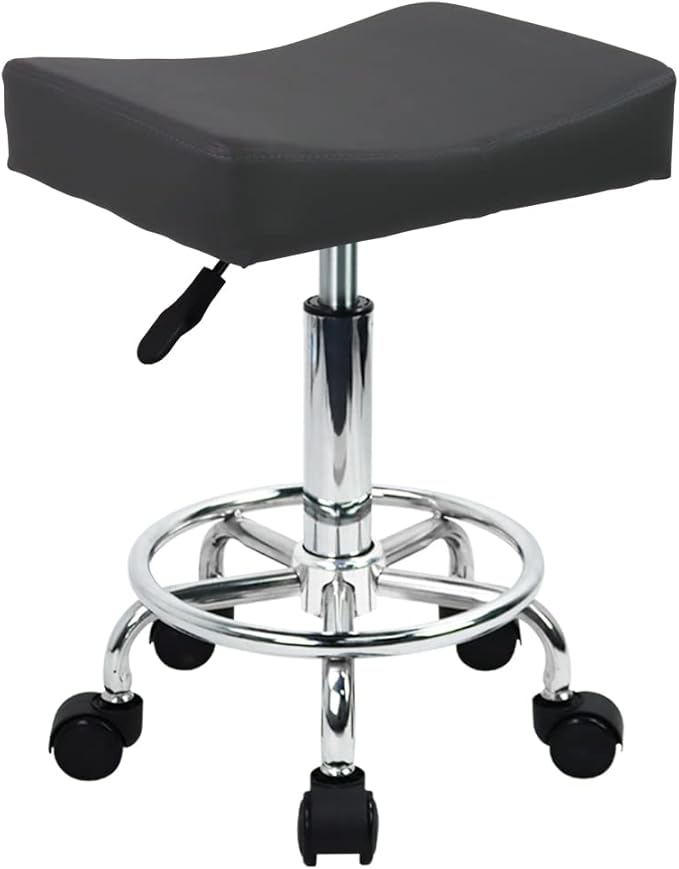 Square Rolling Stool with Footrest PU Leather Height Adjustable 360° Swivel Stool with Wheels Massage SPA Salon Stools Task Chair Desk Drafting Bedroom Vanity Stool (Grey)