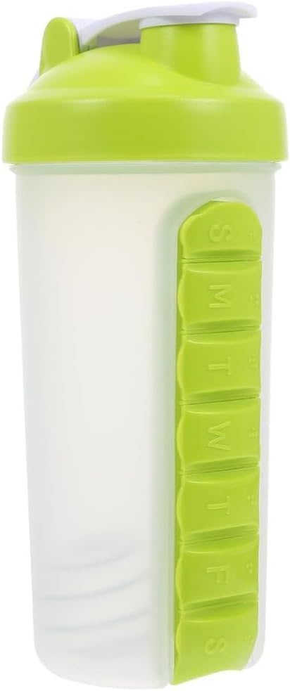 2-in-1 Water Bottle and Pill Organizer, 600ml Capacity, 7 Compartments outdoor capsule cup medicine box dispenser (Shaking Cup Green)