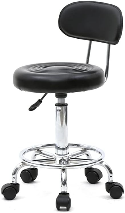 Round Rolling Bar Stool PU Leather with Wheels and Foot Rest, Height Adjustable Task Work Drafting Chair with Back for Salon Spa Tattoo Facial Medical Office Chairs (Black-with Back)