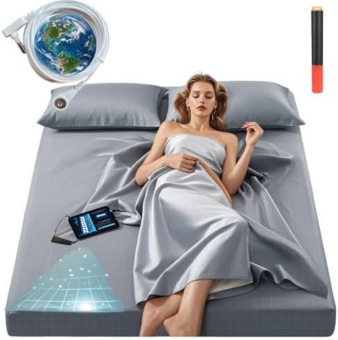 Grounding Sheets, 20% Pure Silver Fiber + 80% Organic Cotton, Grounded Sheet Earth Connected Bedding Fitted Earth Sheets with Grounding Cord