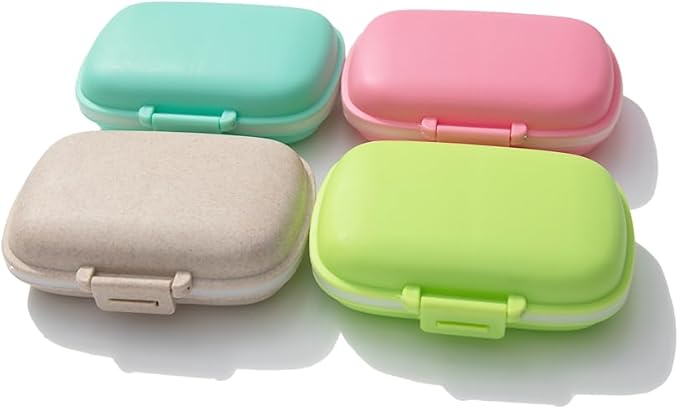 Travel Pill Organizer with 8 Compartments- Pill Container for Medication, Vitamins, Jewelry, and Small Items- Pocket Pharmacy with Labels (Beige)