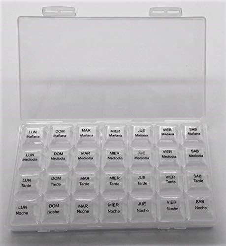 Spanish Pill Box 7 Day Four Times a Day Weekly Pill Planner Organizer - Large Compartment Pill Boxes Store medications for Entire Week. Cuatro veces al día Durante UNA semana.