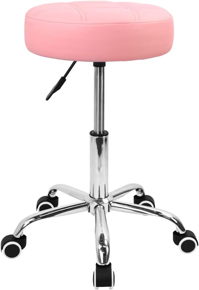 KKTONER Round Rolling Stool Chair PU Leather Height Adjustable Shop Stool Swivel Drafting Work SPA Salon Stools with Wheels Office Chair (Pink)