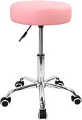 KKTONER Round Rolling Stool Chair PU Leather Height Adjustable Shop Stool Swivel Drafting Work SPA Salon Stools with Wheels Office Chair (Pink)