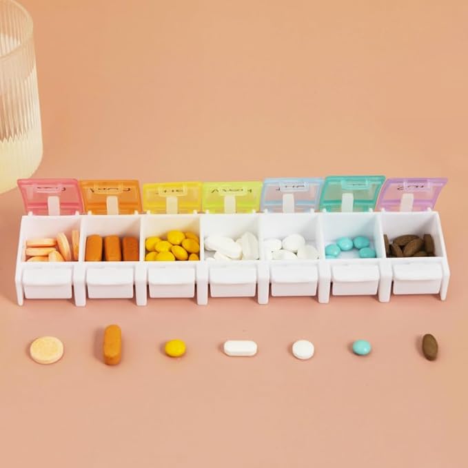 7 Day Pill Case Organizer, Large Medicine Box Dispenser Daily, Colorful Travel 7 Dividers Vitamin Holder with Easy Push Button for Medication, Supplement, Fish Oil, Cod Liver Oil, Capsules