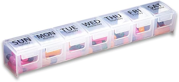 GMS Weekly Pill Organizer - 7-Day Labeled Compartment Pill Case for Supplements, Vitamins and Medication - Secure Latches - Ideal for Daily Use & Travel - Clear