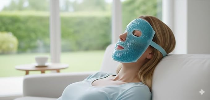 Full Face Gel Mask for Hot & Cold Therapy, Reusable Cooling Bead Mask for Puffiness, Headaches, Facial Relief (Aqua Blue)