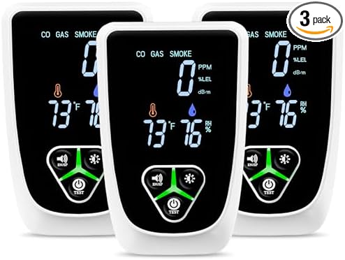 3 Pack 5-in-1 Plug in Carbon Monoxide Detector, Smoke Alarm & Natural Gas Leak Detector with Temperature & Humidity Sensor, Portable Fire Alarm with LCD Display Dual Alarm System for Travel Home
