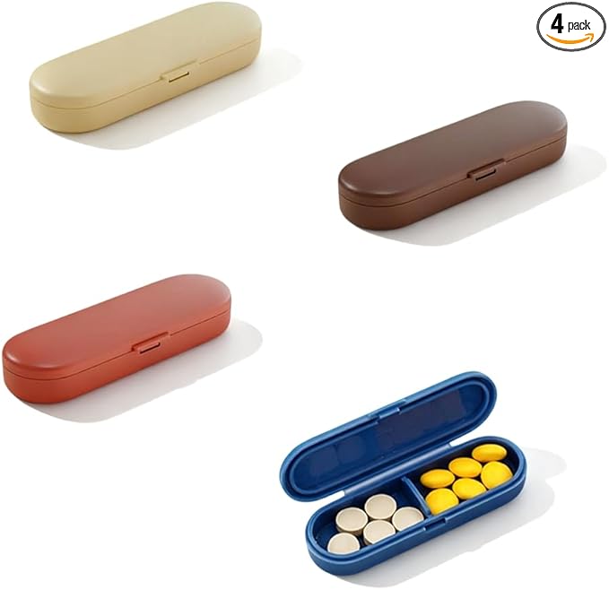 4pc Mini Pill Case for Purse, Tiny Vitamin Box for Pocket, Super Thin Pill Dispenser, Extra Slim Pill Holder, Small Magnetic Medications Container (2 Compartments)