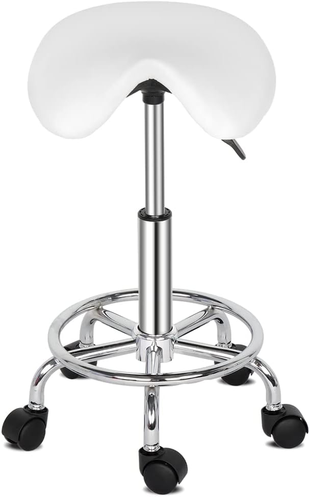Modern Rolling Saddle Seat Stool Chair,PU Leather Swivel Adjustable Rolling Stools,Ergonomic Swivel Salon Spa Barstools,Office Drafting Chairs,with Wheels,for Home, Kitchen, Medical, Lab (White)