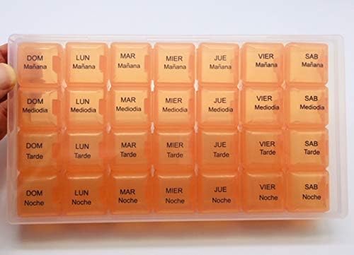 Spanish Pill Box 7 Day Four Times a Day Weekly Pill Planner Organizer - Large Compartment Pill Boxes Store medications for Entire Week. Cuatro veces al día Durante UNA semana.