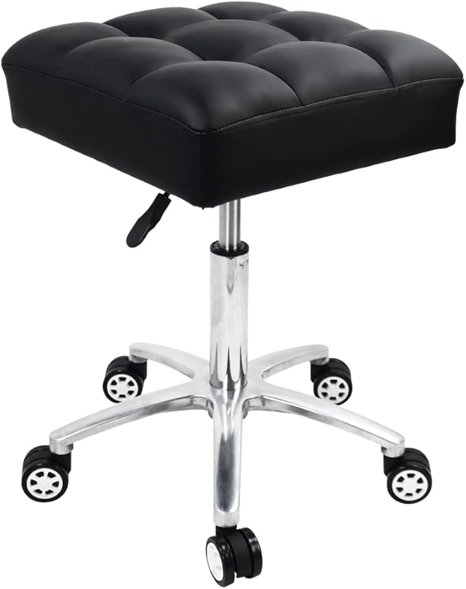 Rolling Stools Square Seat Thick PU Leather 360° Swivel Stool with Wheels Hydraulic Lift Height Adjustable Stool Chair for Home Kitchen Drafting Lab Office Salon Massage Stool（Black）