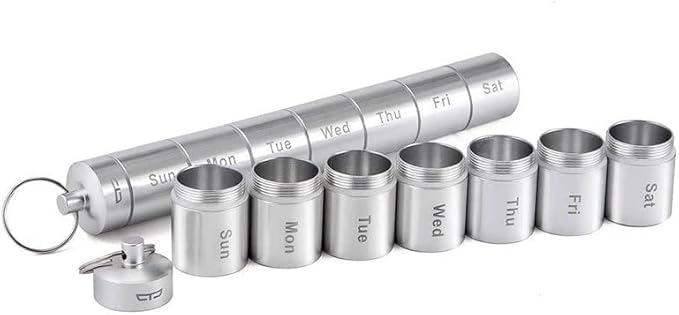 Tvoip Portable Pill Case Keychain Waterproof 7 Days Pill Holder Travel Pill Container Portable Medicine Keychain Daily Airtight Pill Organizer for Outdoor Camping Travel (Silver)