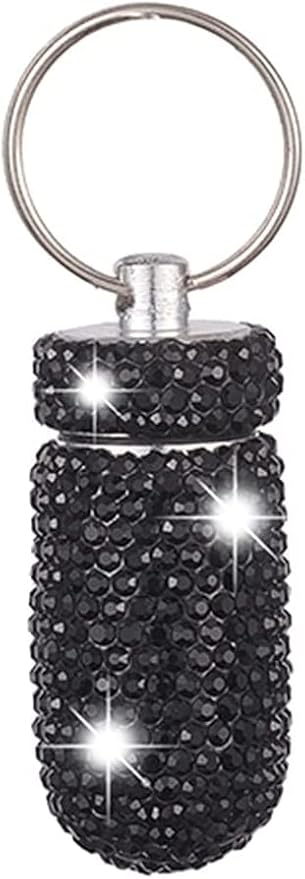 Pill Holder Keychain, Medicine Holder Pill Container Keychain Mini Size Waterproof and Light Weight Portable Pill Bottle Case, Bling Aluminum Key Chain for Outdoor Camping Traveling (Black)