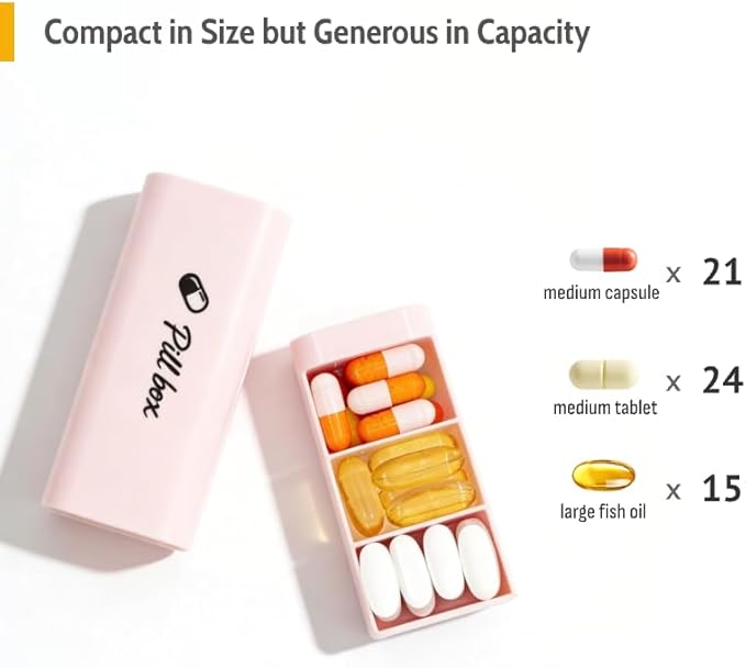 One-Handed Small Daily Pill Box for Purse & Pocket, 3 Compartments Portable Pill Case, Easy Press-to-Open Pill Case for Arthritic Hands, Ergonomic Single-Handed Vitamin Organizer (White)
