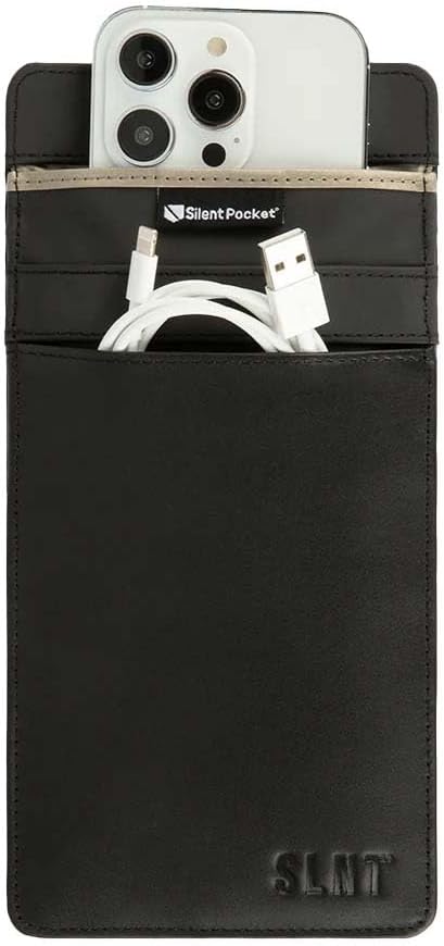 Silent Pocket SLNT Faraday Leather Smartphone Sleeve Signal Blocking Device Shielding for iPhone, Samsung Galaxy, Most Phones, Anti-Hacking (Black Leather, Medium)