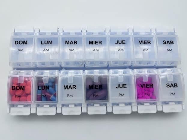 Healthaccessories Spanish Pill Box 7 Day Twice-a Day AM PM Weekly Pill Planner Organizer - Large Compartment Pill Boxes Store medications for Entire Week (Clear). Easy See Through. para un semana.