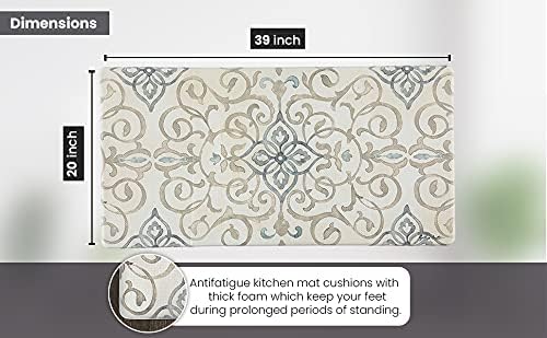 J&V TEXTILES Anti Fatigue Kitchen Mat for Floor, Embossed Themed Cushioned Kitchen Runner Rug Mat, Non Slip, Easy Wipe Clean, 1/2 Inch Thick (20x39 inches, Poppy Sketch Tile)