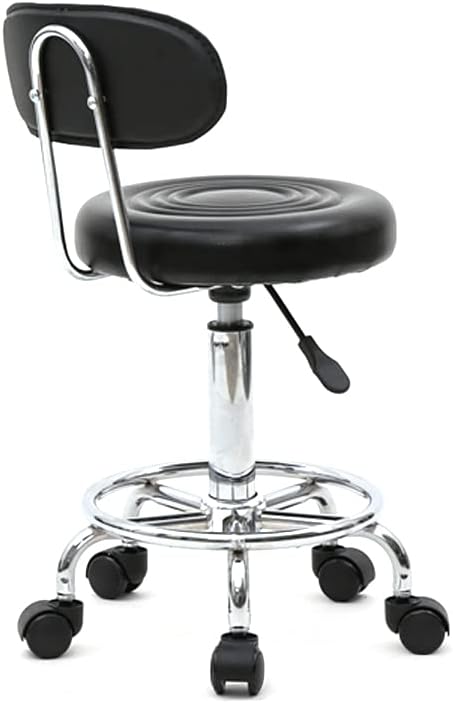 Round Rolling Bar Stool PU Leather with Wheels and Foot Rest, Height Adjustable Task Work Drafting Chair with Back for Salon Spa Tattoo Facial Medical Office Chairs (Black-with Back)