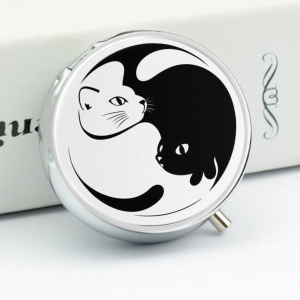 Round 3 Compartment Pill Box, Decorative Travel Pill Case, Moistureproof Daily Cute Pill Box Suitable for Women Men Compatible with Yin Yang Black and White Sleepy Cat