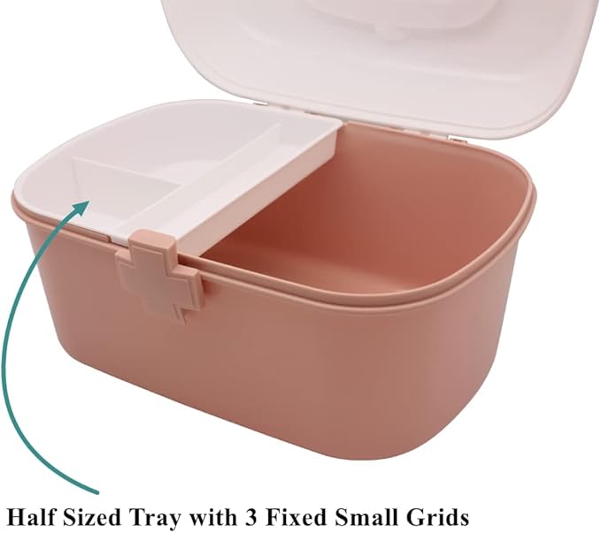 BangQiao Plastic First Aid Storage Box Container Bin with Removable Tray and Portable Handle, Family Emergency Medicine Kit Case Organizer, White&Pink
