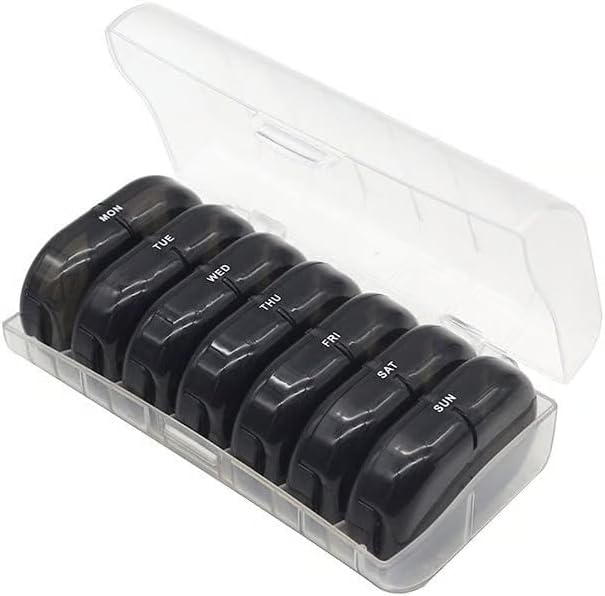 Portable Pill Organizer for Travel, 7-Day Pill Case with 14 Compartments, Pill Holder for Vitamins & Medication, Leak-Proof & Compact Design (White Shell with Black Grid, 1PC)