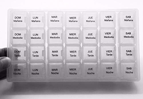 Spanish Pill Box 7 Day Four Times a Day Weekly Pill Planner Organizer - Large Compartment Pill Boxes Store medications for Entire Week. Cuatro veces al día Durante UNA semana.