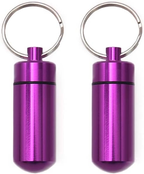AKOAK 2 Pcs Colorful Round Aluminum Alloy Pill Bottle, Emergency Jar, Waterproof Outdoor Travel Portable Pill Bottle Key Chain (Purple)