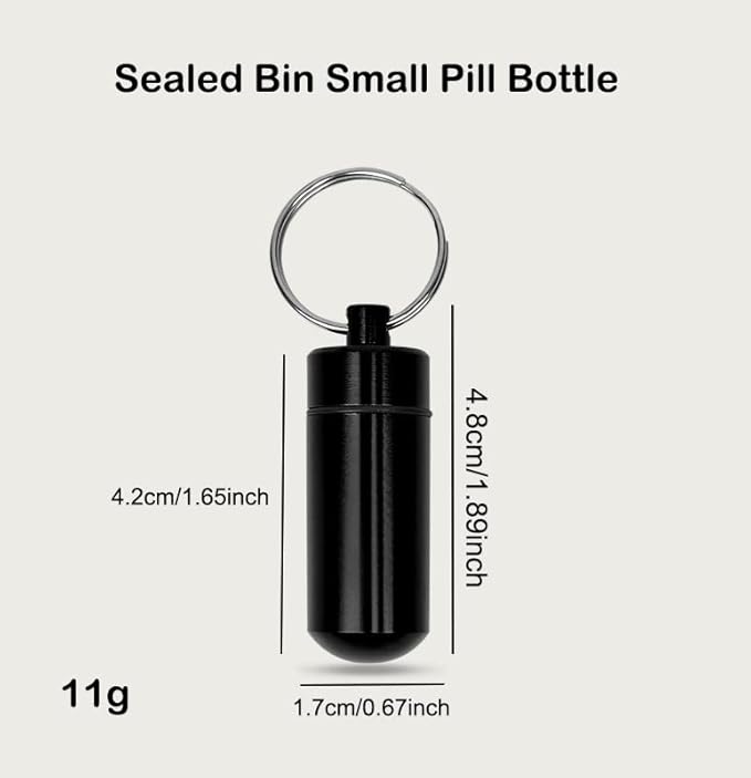 AKOAK 2 Pcs Colorful Round Aluminum Alloy Pill Bottle, Emergency Jar, Waterproof Outdoor Travel Portable Pill Bottle Key Chain (Balck)