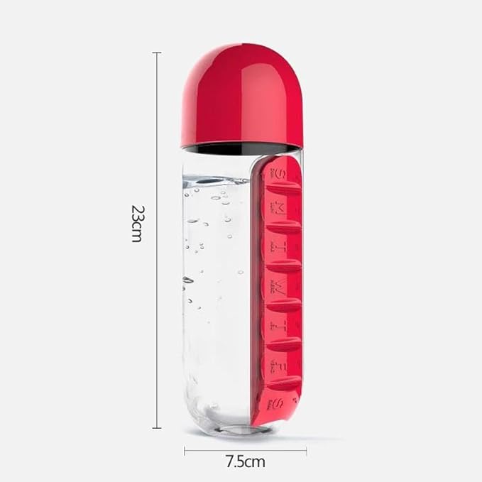 2-in-1 Water Bottle and Pill Organizer, 600ml Capacity, 7 Compartments outdoor capsule cup medicine box dispenser (Red)