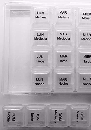 Spanish Pill Box 7 Day Four Times a Day Weekly Pill Planner Organizer - Large Compartment Pill Boxes Store medications for Entire Week. Cuatro veces al día Durante UNA semana.