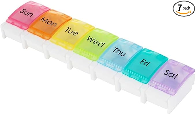 7 Day Pill Case Organizer, Large Medicine Box Dispenser Daily, Colorful Travel 7 Dividers Vitamin Holder with Easy Push Button for Medication, Supplement, Fish Oil, Cod Liver Oil, Capsules