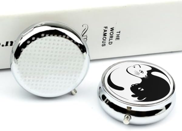 Round 3 Compartment Pill Box, Decorative Travel Pill Case, Moistureproof Daily Cute Pill Box Suitable for Women Men Compatible with Yin Yang Black and White Sleepy Cat