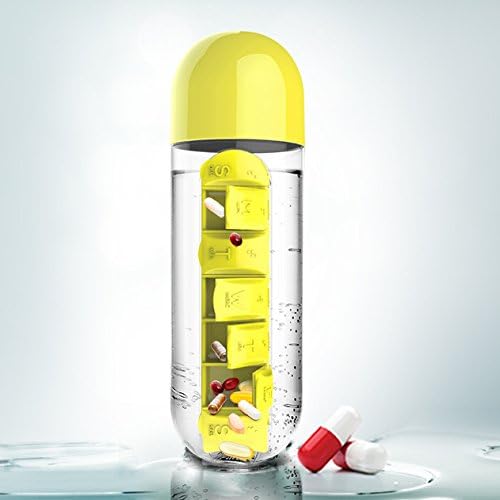Asobu Combine Daily Pill Box Organizer with Water Bottle, 20 oz, Black (Yellow)