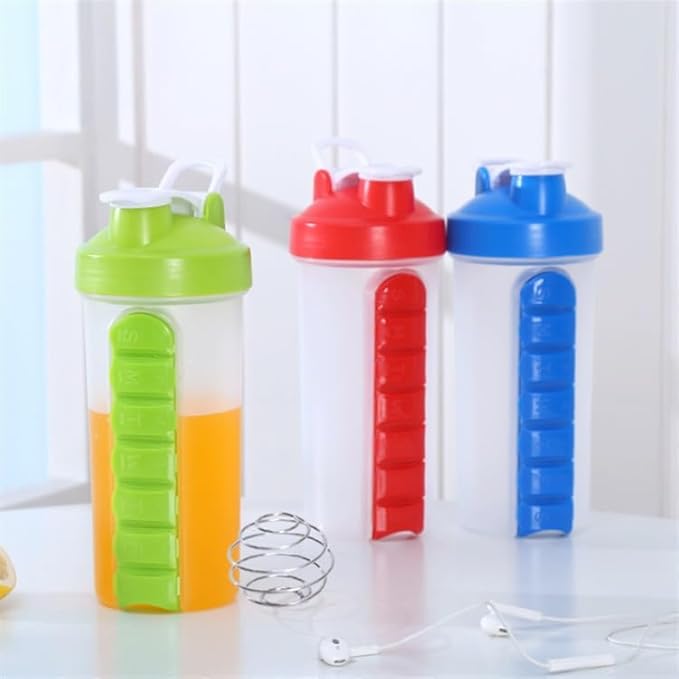 2-in-1 Water Bottle and Pill Organizer, 600ml Capacity, 7 Compartments outdoor capsule cup medicine box dispenser (Shaking Cup Green)