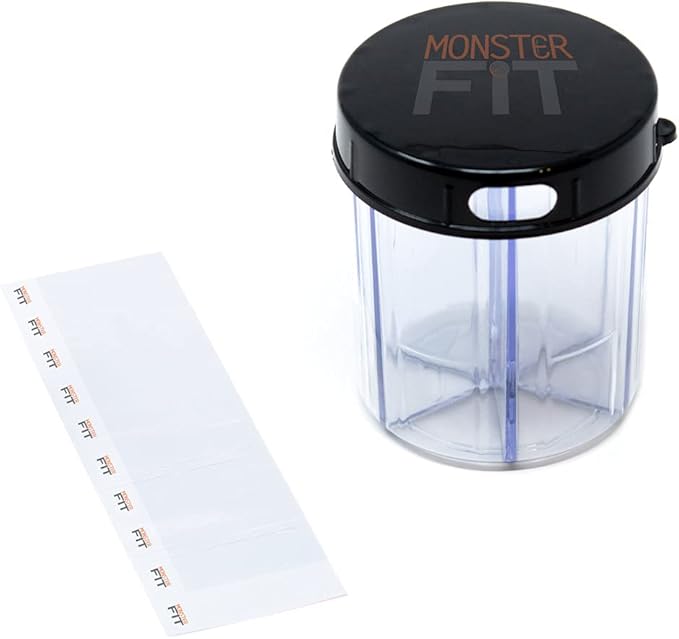 Monster Jr Supplement Pill Dispenser - Holds Small Medium Medication Vitamins and Easily Dispense from One Container Includes Compartment Labels ( 1 Pack)