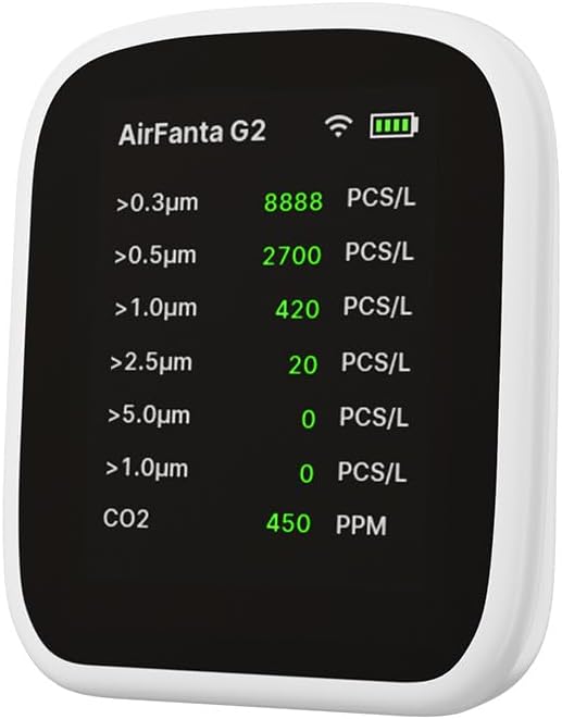 G2 Air Quality Monitor: Wireless Indoor Air Quality Monitor for Office or School (PM, CO2, Temperature, Humidity) Portable, Battery Powered, TFT Screen, App for Configuration & Data History