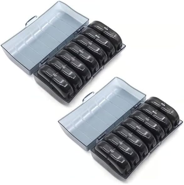 Portable Pill Organizer for Travel, 7-Day Pill Case with 14 Compartments, Pill Holder for Vitamins & Medication, Leak-Proof & Compact Design (Black Shell with Black Grid, 2PCS)