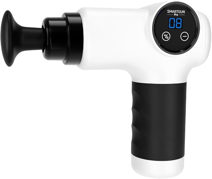 SPA SCIENCES - SmartGun Pro – Therapeutic Deep Tissue Percussion Massager – for Muscle Soreness – with Interchangeable Heads and 8 Intensity Levels – USB Rechargeable – White