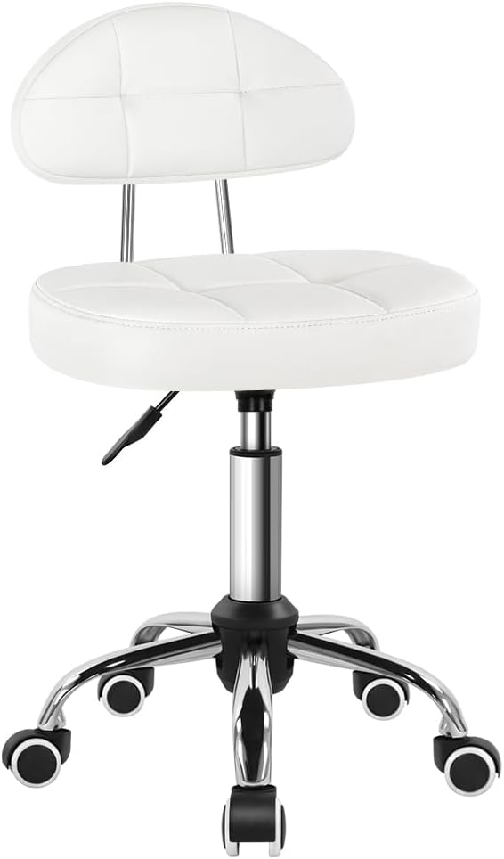 Square Minimalist Swivel Stool with Wheel for Work SPA Shop Massage Height-Adjustable and Cost-Effective Rolling Stool Chair with Back White