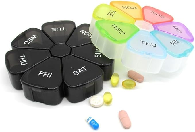 7 Day Pill Organizer, Circular Portable Pill Case with 7 Color-Coded Compartments, Transparent Petal-Shaped Weekly Pill Box for Vitamins, Supplements, Medication Colorful