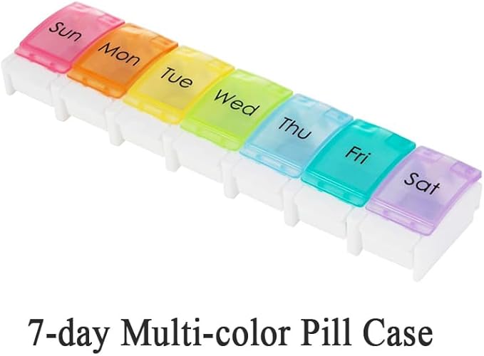 7 Day Pill Case Organizer, Large Medicine Box Dispenser Daily, Colorful Travel 7 Dividers Vitamin Holder with Easy Push Button for Medication, Supplement, Fish Oil, Cod Liver Oil, Capsules