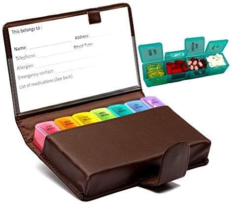 Deeper and Larger Compartments Daily Pill Organizer AM PM Medicine Pill Box 7-Day Weekly Holder Zzteck PU Leather Trave Case Day Night Large Medication Reminder Dispenser Vitamin Holder Container (BN)