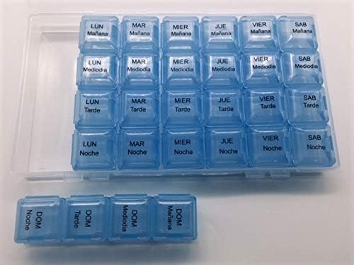 Spanish 7 Day Four Times a Day Weekly Pill Planner Organizer - Large Compartment Pill Boxes Store medications for Entire Week. Cuatro veces al día Durante UNA semana.